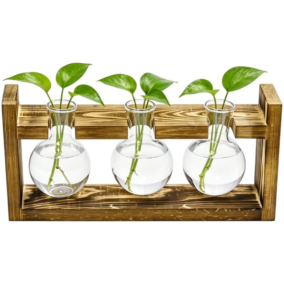 Desktop Glass Planter, 3 Pcs Bulb Vase with Wooden Stand, Hydroponic Propagation Station, Elegant Globe Planter for Home Office Decor, 10.9 x 2.2 x 5.1 in