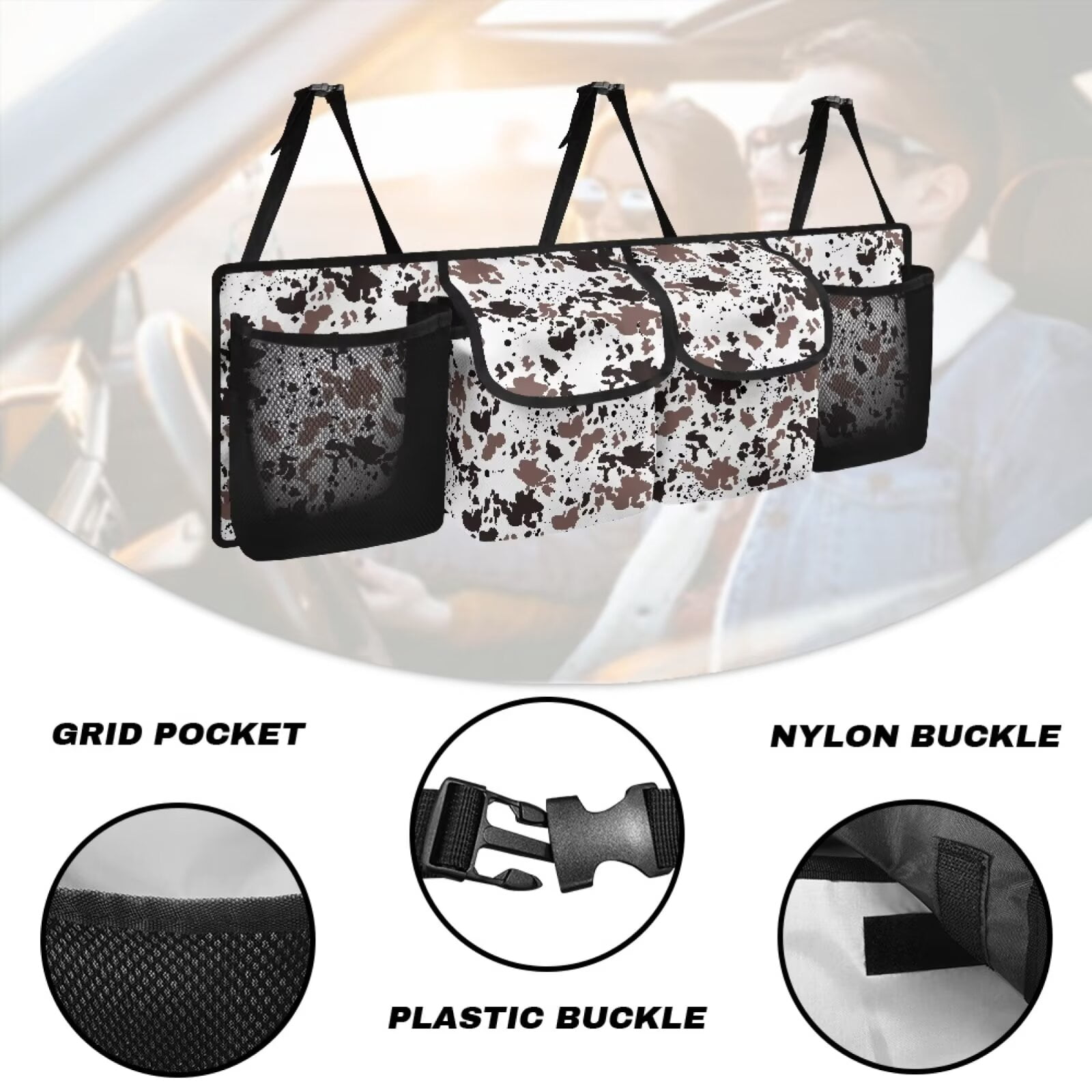 KUIFORTI Small Trunk Organizer Bag Cow Print Car Backseat Trunk Organizer - Auto Hanging Seat Back Storage - Multipurpose Cargo Accessory - Space Saving Facilitator for SUV, Hatchback, Crossover, Van