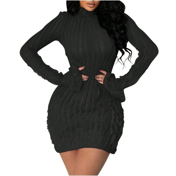 BangWanChi Plus Size Sweater Dress Women Elegant Temperament Half Aged Solid Color Long Sleeved Flared Sleeve Dress Black L