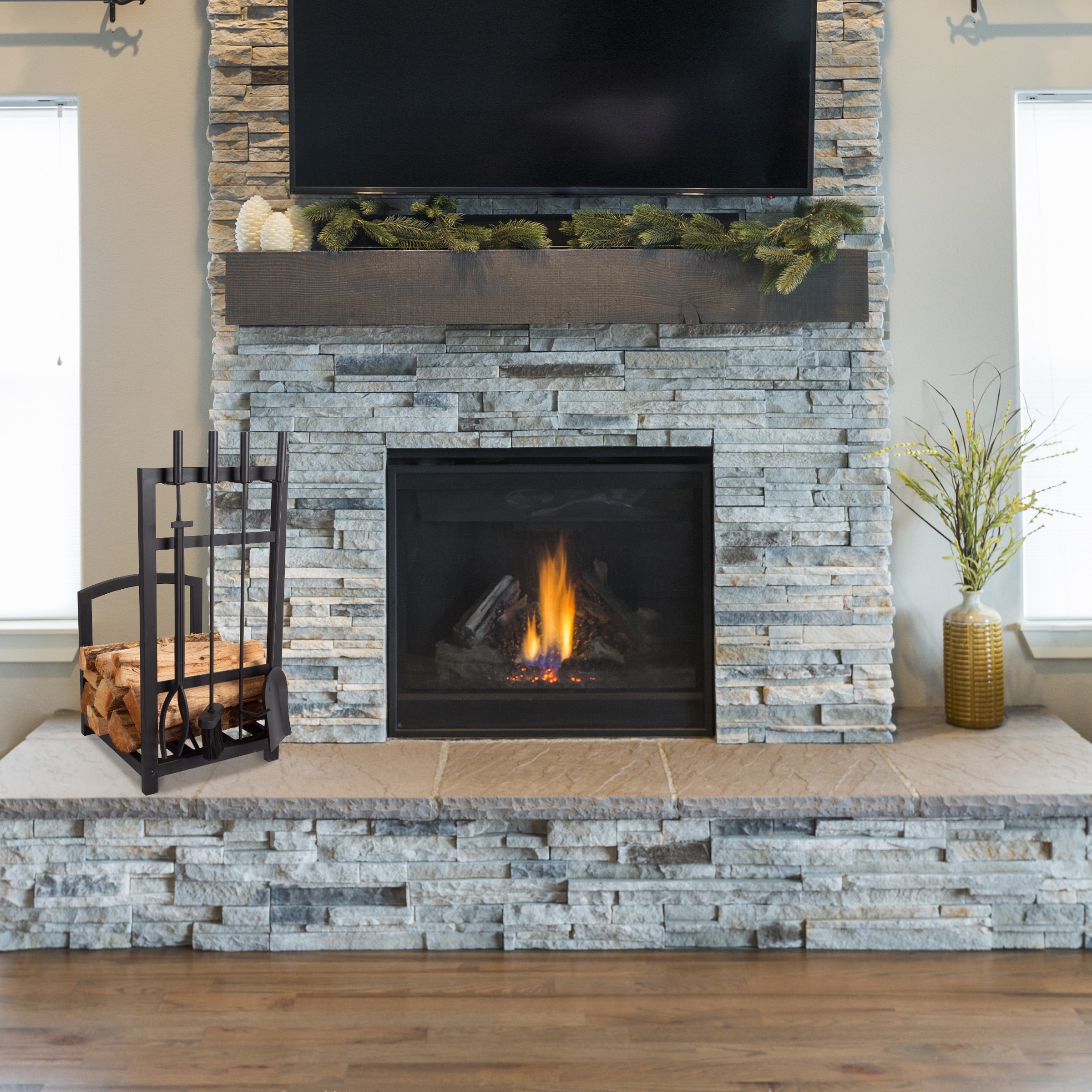 Somerset Home 5-Piece Modern Fireplace Tool Set and Log Rack (Matte Black)