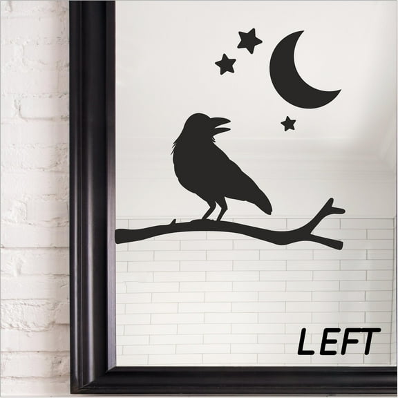 Halloween Crow on branch with moon and stars Vinyl Lettering Wall Decal (9"H x 9.5"L Left Black)