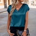 thumbnail image 2 of Women Silk Satin Tops Cap Short Sleeve Blouse V Neck Shirts Solid Color Business Casual Outfits Royal Blue S, 2 of 5