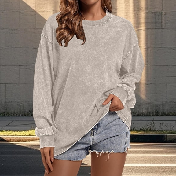 Yigetop Crewneck Oversized Long Sleeve Shirts for Women Loose Fit Acid Wash Tshirt Basic Solid Color Tee Sweatshirt Lightweight Soft Beige L