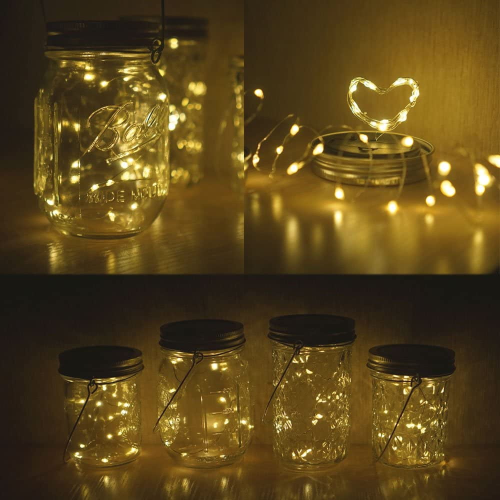 6 Pack Solar Mason Jar Lids String Lights With 6 Hangers, 20 LED Fairy Lights Outdoor For Xmas Party Patio Garden Yard Lawn Wedding Decor Solar Fairy Lanterns Table Lamps, Warm White (No Jars)