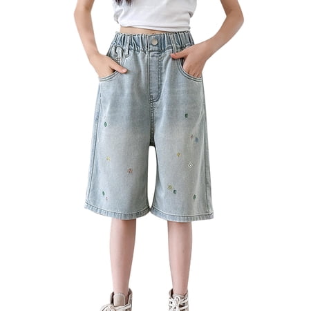 Ruyang Bermuda Jean Shorts for Girls Light Wash Embroidered Wide Leg Cowboy Shorts Summer Casual Outdoor Active Denim Shorts