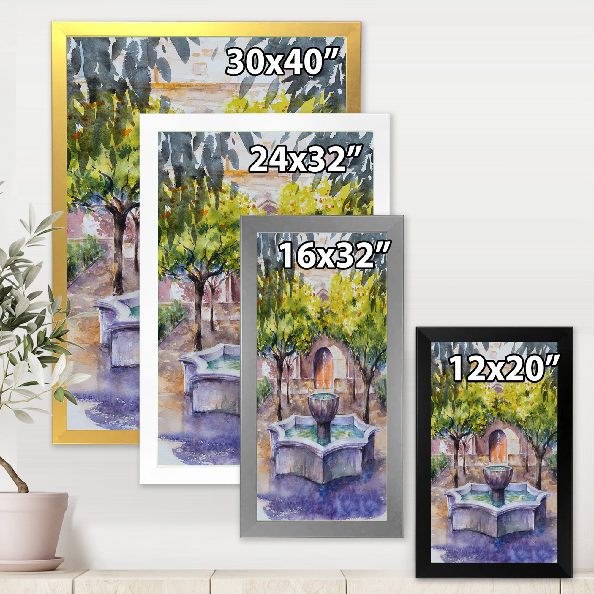 Designart 'Small Fountain With Trees In The Village House' Country Framed Art Print
