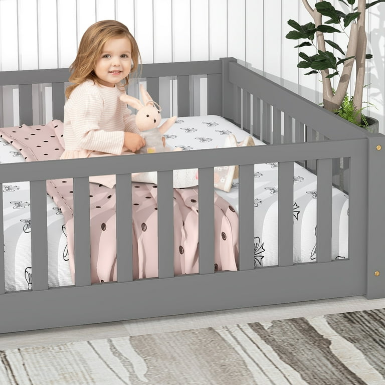 uhomepro Kids Toddler Bed with Fence and Door Full Size Platform Bed Floor Bed Wood Bed Frame No Box Spring Needed Gray
