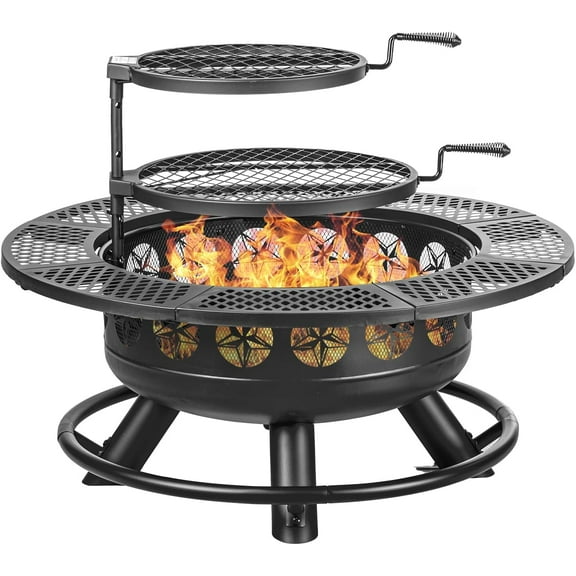ZOPan Fire Pit with 2 Cooking Grills,Outdoor Wood Burning BBQ Firepit with Lid, 3-in-1 Outdoor Fire Pit for Backyard Deck Bonfire Patio Picnic