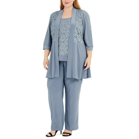 R&M Richards Plus size Women's Lace ITY 2 Piece Pant Suit - Mother of the bride outfit, 18W Slate