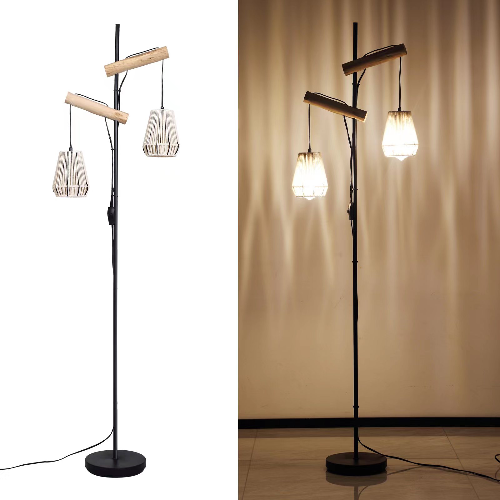 Floor Lamps Boho Farmhouse Hanging Floor Lamp in Natural Cotton Rope,Bohemian 2 Lampshades Handmade Rustic Stylish Floor Lamps for Bedroom Living Room Office Home Décor