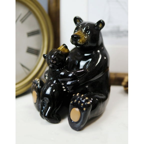 Western Rustic Black Mama Bear Hugging Baby Cub Figurine Family Bears Accent