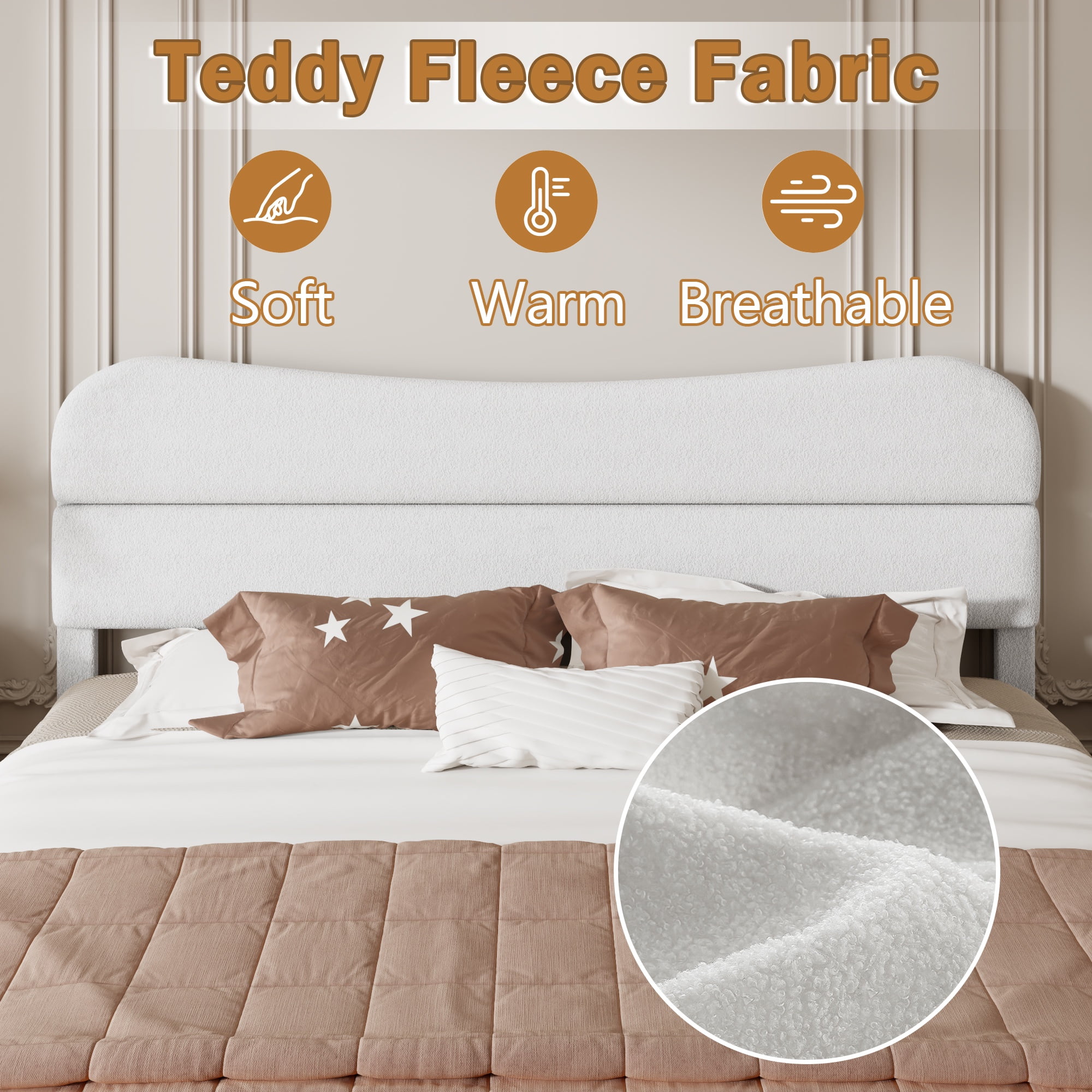 Tydimor King Bed Frame with Teddy Velvet Soft Curved Headboard, Platform Bed Easy Assembly, Noise-Free, White