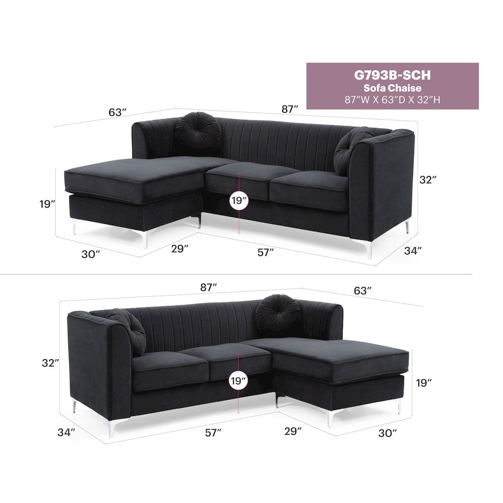 Glory Furniture Delray Sofa Chaise in Black Color