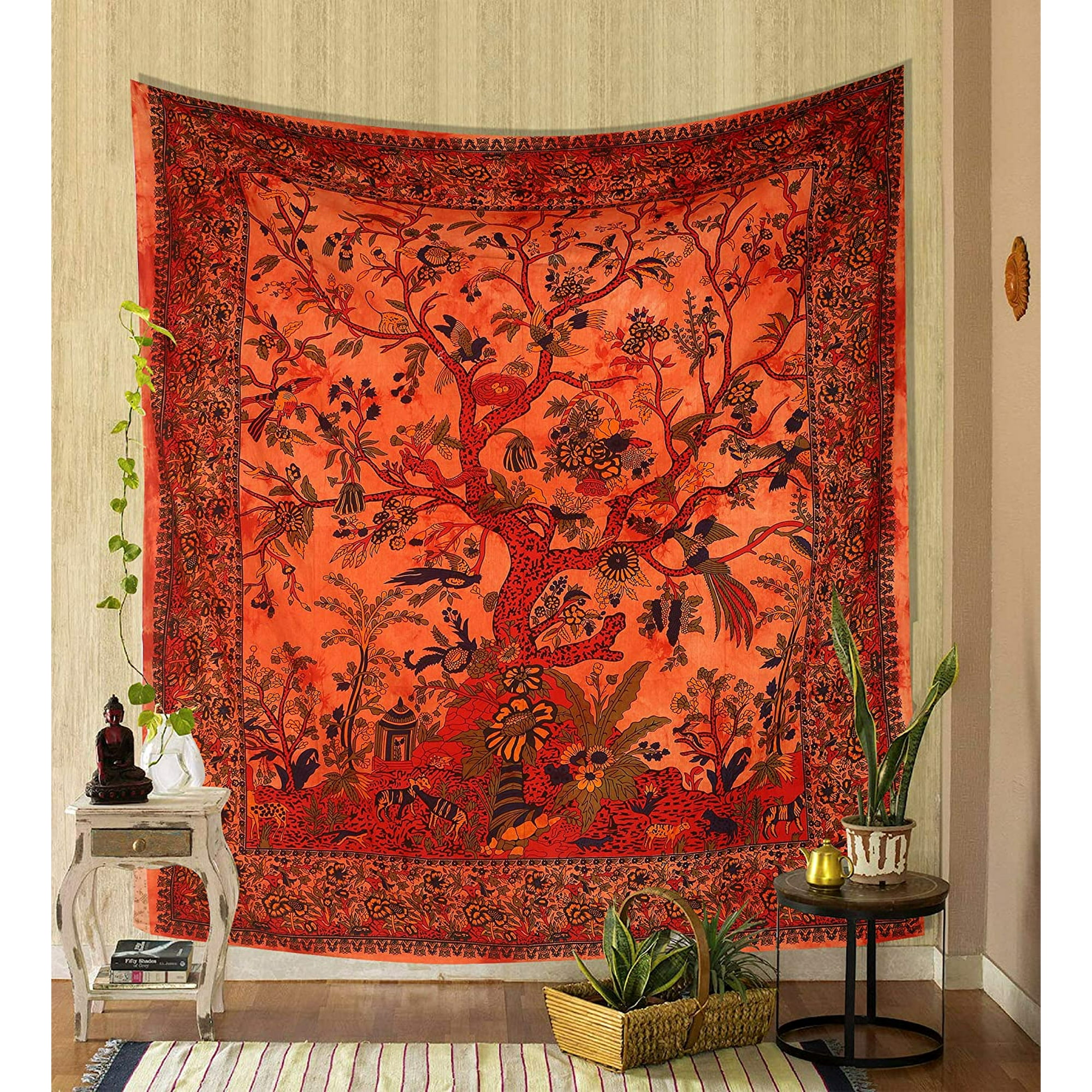 HTOOQ Tapestry Orange Tree of Life Wall Hanging Psychedelic Tapestries Indian Cotton Twin Bedspread Picnic Sheet Wall Decor Blanket Wall Art Hippie