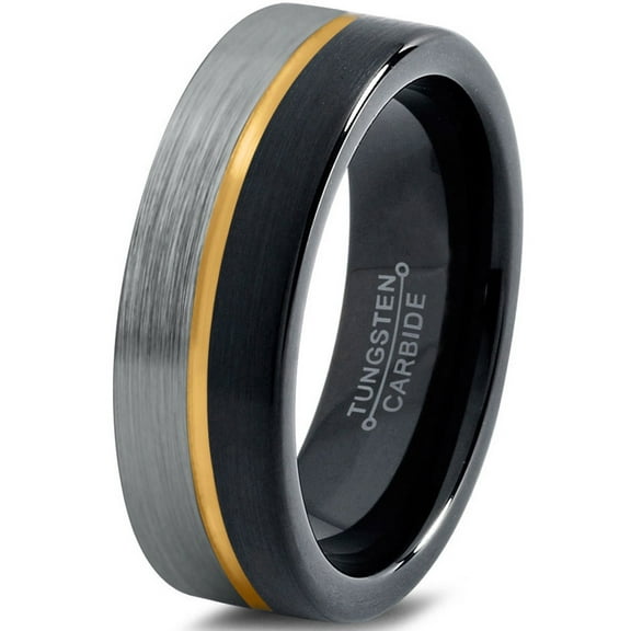 P. Manoukian Tungsten Wedding Band Ring 6mm for Men Women Black & 18K Yellow Gold Plated Center Line Pipe Cut Brushed Polished Lifetime Guarantee Size 4