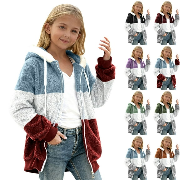 MKOSPLRT Fuzzy Fleece Hooded Jacket Kids 5-14Y Full Zip Color Block Warm Winter Coats Sherpa Outwear for Girl Boy