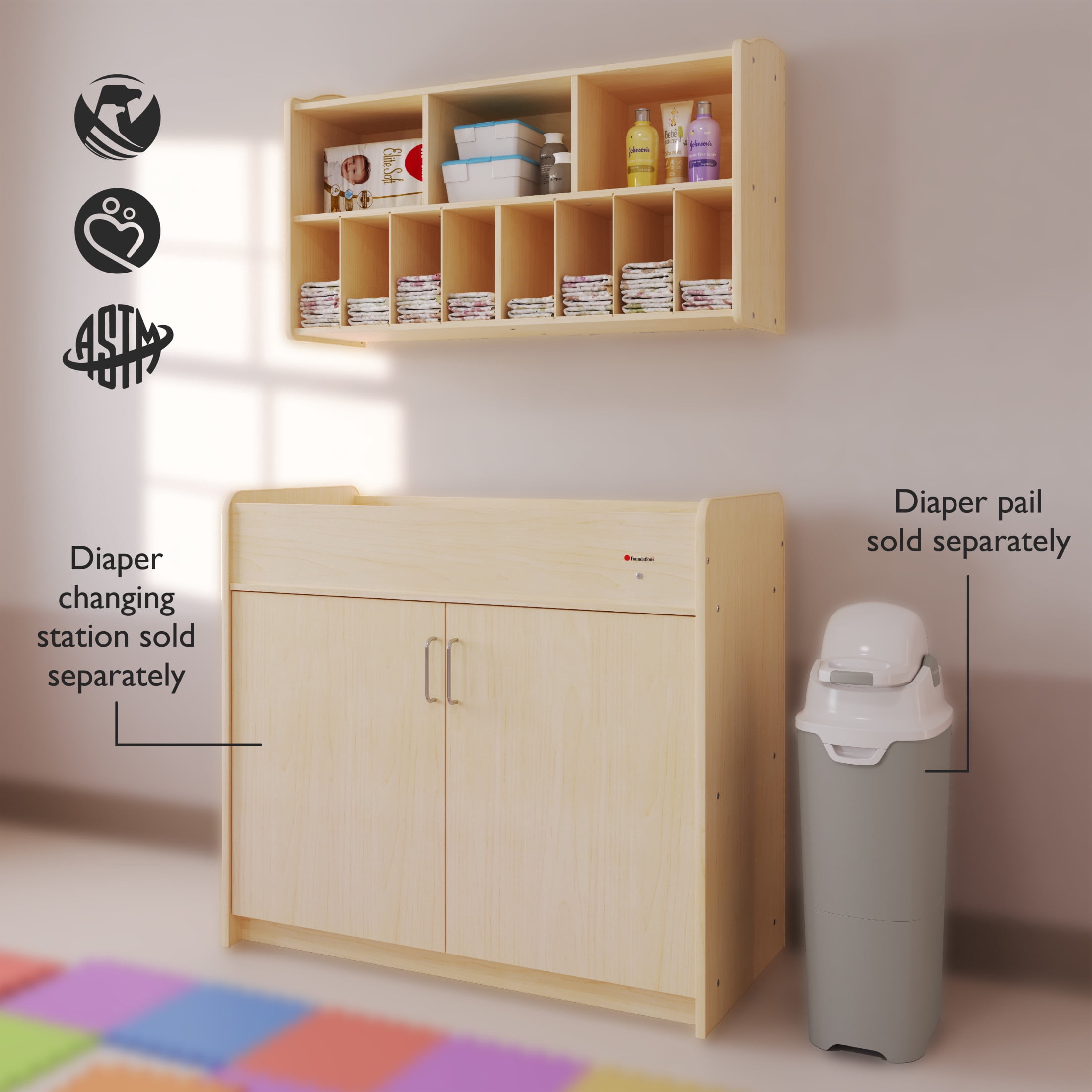 Foundations Wall Mounted Diaper Organizer, 11 Storage Cubbies, Durable Wood, Natural