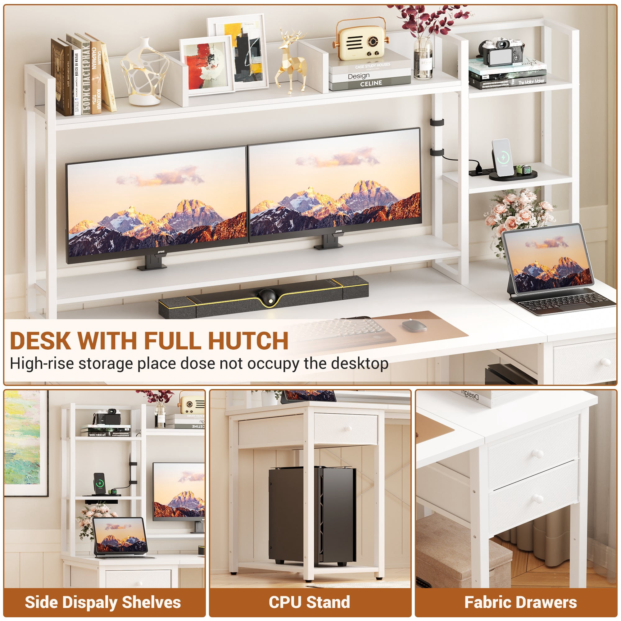 Homieasy Desk with Hutch & Power Outlets, 55.2'' Computer Gaming Desk with LED Lights and Drawers, Reversible Office Desk with Storage Shelves, Workstation Desk for Home & Office, White