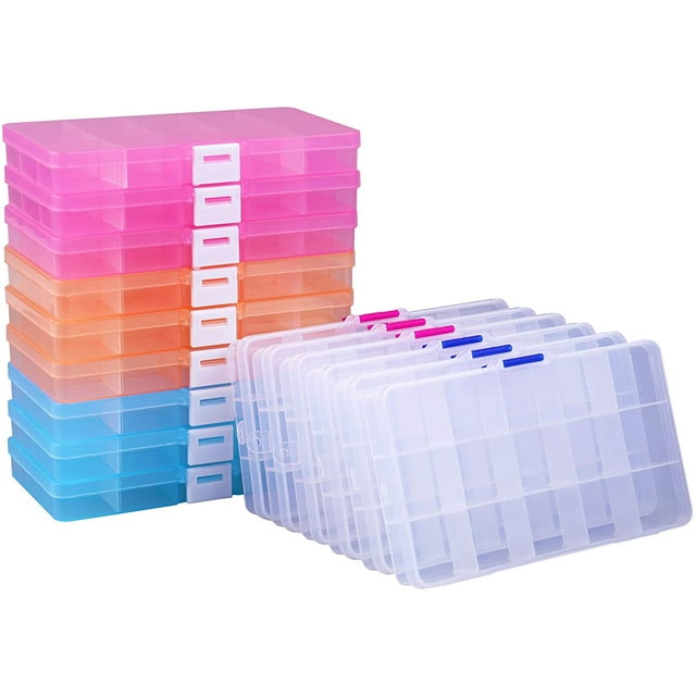 Lawei 15 Pack Plastic Jewelry Box - 15 Grid Organizer Storage Box with Adjustable Dividers Plastic Compartment Container for Bead Jewelry Craft Tackles