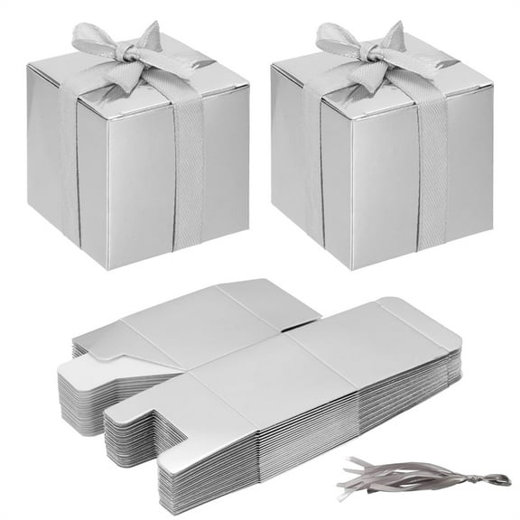 Scheam Paper Candy Box 30 Pcs Favor Boxes with Ribbons Silver Mini Chocolate Wrapping Box Small Present Packing Box DIY Crafts Containers for Birthday Wedding Graduation Party (2 inch)