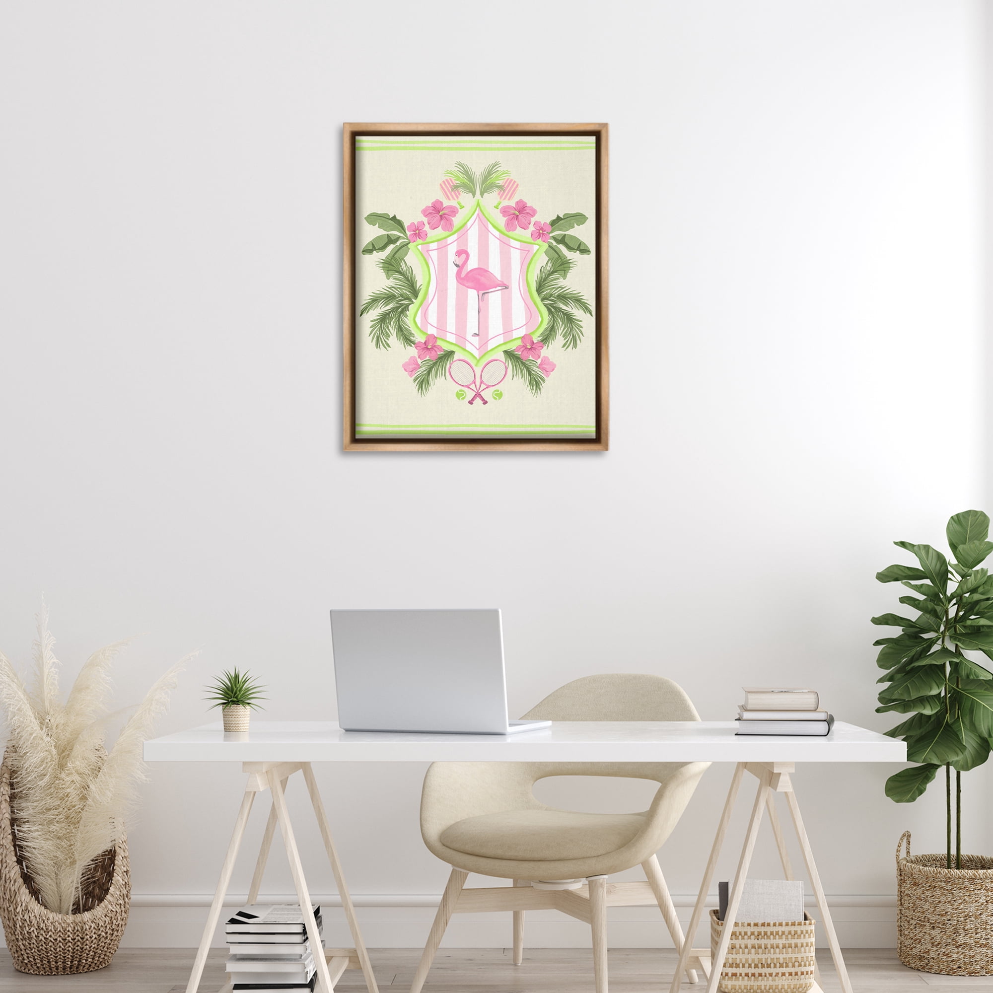 Stupell Industries Palm Beach Flamingo Emblem Sports Painting Brown Floater Framed Canvas Art Print Wall Art, 25 x 31