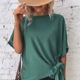 thumbnail image 2 of Camisa de manga corta para mujer, cuello redondo, dobladillo con nudo, Color puro, corte holgado, Top informal para mujer para citas, compras diarias, 2 of 6