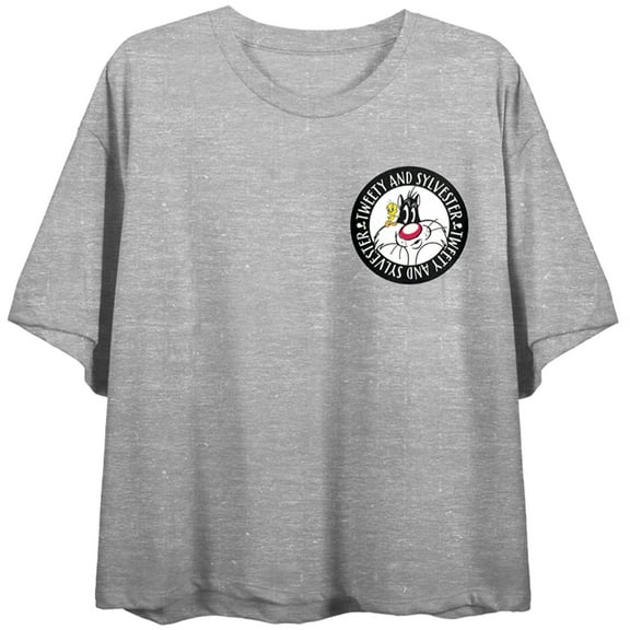 Looney Tunes Tweety Sylvester Chase Crew Neck Short Sleeve Gray Heather Women's Crop Top-Medium