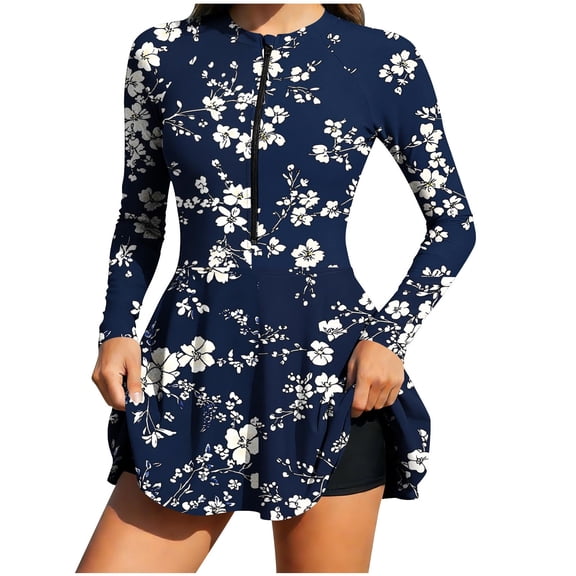 Levmjia Women's Long Sleeve Print One Piece Swimsuit with Built - in Bra, Ruffled Hem Swimdress Surfwear Set w/ Boyshorts, Nylon Spandex, S - 2XL Plus Size