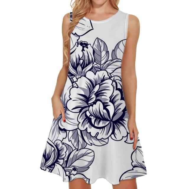 RWJDXD Robe d'Été Ample et Confortable pour Femmes Col Rond Manches Courtes Motif Floral Jupe Sans Manches Été Jupe Ample Respirante Robe de Soirée pour Femmes