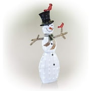 Alpine Corporation 74 (Over 6 Feet Tall) Outdoor Mesh Snowman Yard Decor with Red Birds and 100 Cool White LED Lights, Christmas Holiday Lighted Sculpture
