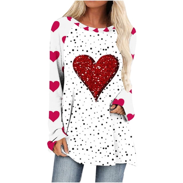 Diufon Hauts de la Saint-Valentin pour Femmes Manches Longues Col Rond Chandail Chemise Tendance Mignonne Robe Imprimée à Sequins Blouse