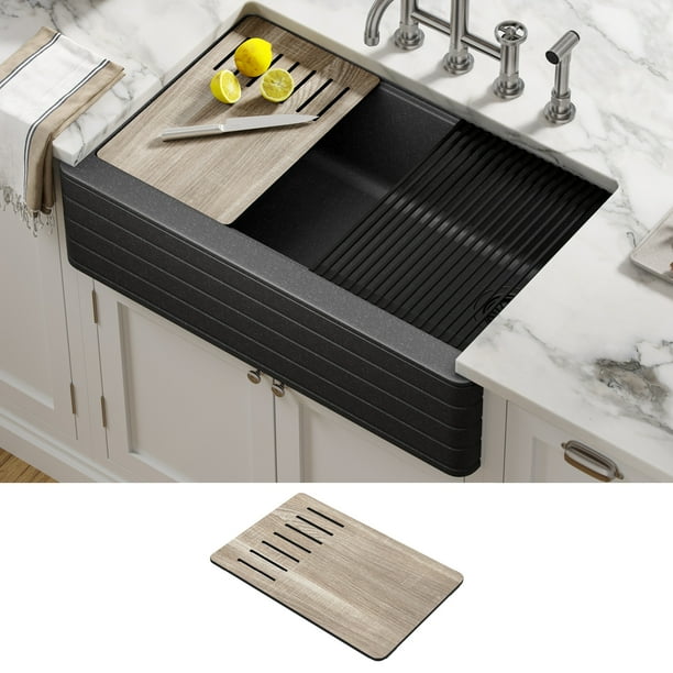 Kraus Bellucci Workstation 33 inch Farmhouse Apron Front Granite Composite Single Bowl Kitchen Sink in Metallic Black with Accessories