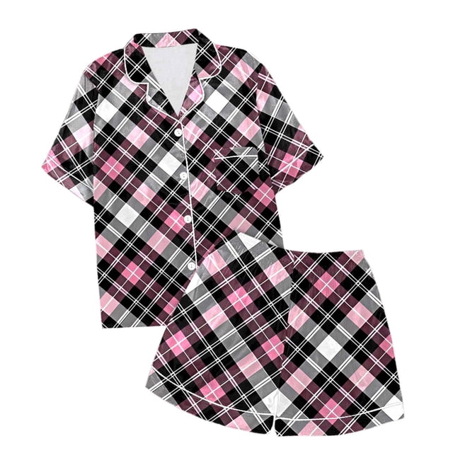 Icvfdpl Pyjama pour Bébé Fille à Carreaux Manches Courtes Shorts Ensemble 2 Pcs Pyjama Décontracté 8-9 Ans