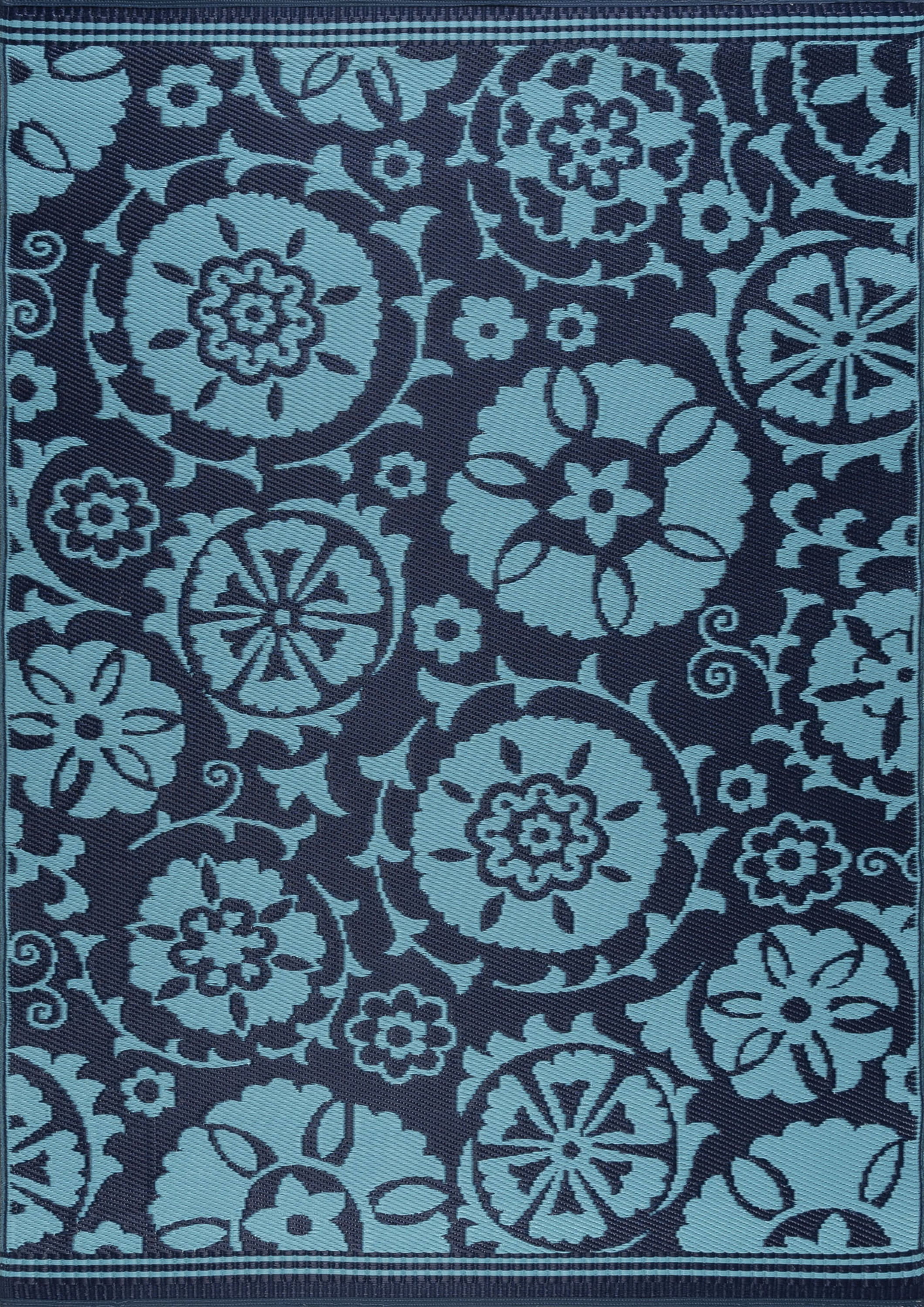 5x7 Waterproof, Reversible Plastic Straw Outdoor Rugs for Patios | Also for Camping, RV, Deck, Porch, Balcony, Camp, Patio | Navy, Floral | Size: 5' x 6'11''
