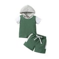 thumbnail image 2 of BONIXOOM Toddler Kids Baby Boys Fashion Cute Short Sleeve Solid Color Hoodie Casual Shorts Suit Fashion Set Green Size 6-12 Months, 2 of 9