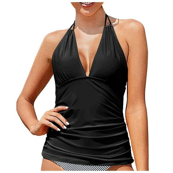 Hessimy Women's Halter Tankini Top No Bottom V Neck Swim Top Tummy Control Bathing Suit Top(Black,XL)