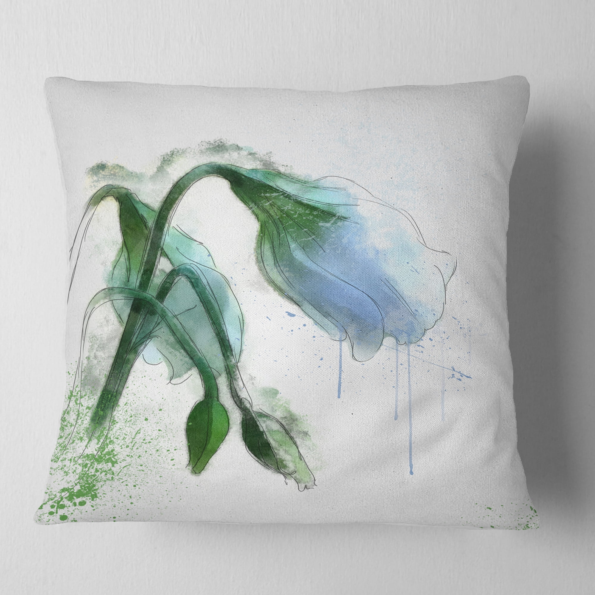 Designart Green Tulip Sketch Watercolor - Floral Throw Pillow - 18x18