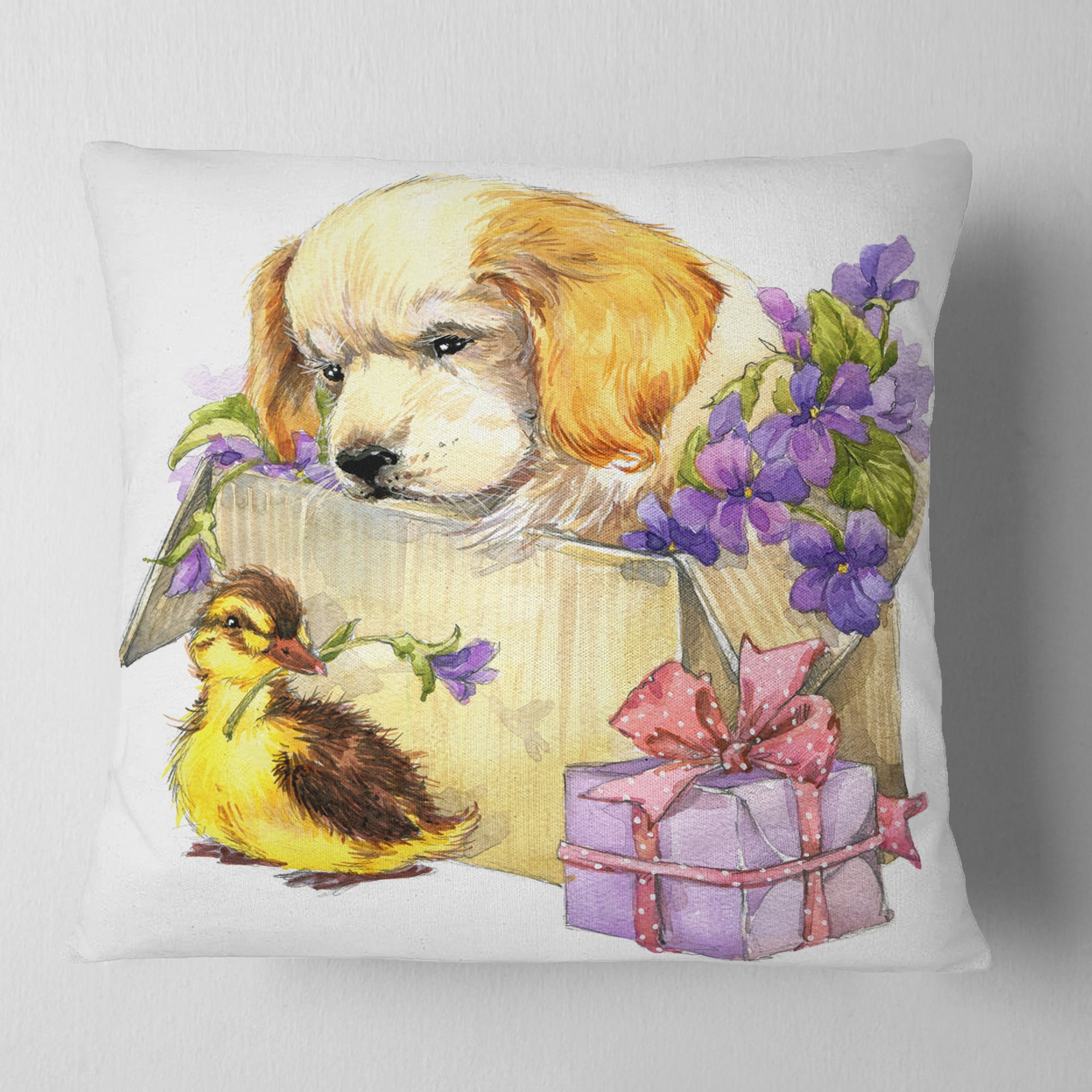 Designart Cute Puppy Dog and Duck - Contemporary Animal Throw Pillow - 16x16