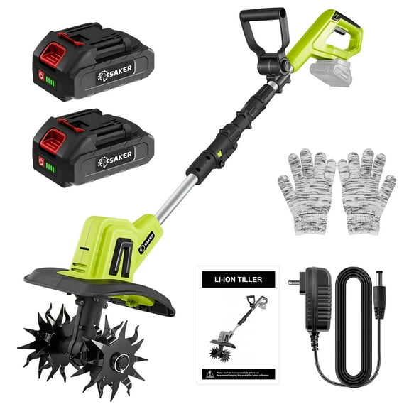 Saker 22V Cordless Tiller Cultivator, 360RPM Electric Garden Tiller with Total 4000mAh Battery, 9-Inch Tilling Width, 6.3-Inch Depth Rototiller for Gardening, Weeding, Soil Cultivation