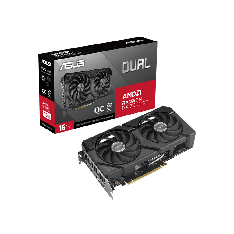 ASUS Dual RX 7600 XT OC GPU Card 16GB GDDR6, AMD RDNA 3 ASUS Dual RX 7600 XT OC GPU Card 16GB GDDR6, AMD RDNA 3