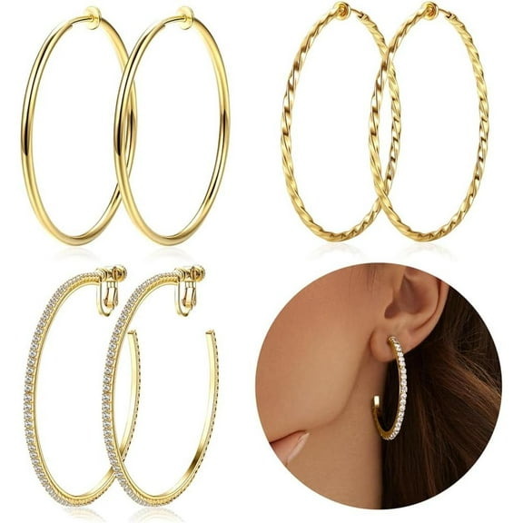 Jstyle Clip On Hoop Earrings for Women,Gold Clip-on Earrings Non Piercing Big Stainless Steel Fake Hoop Earring for Non Pierced Ears Lightweight 30-60mm