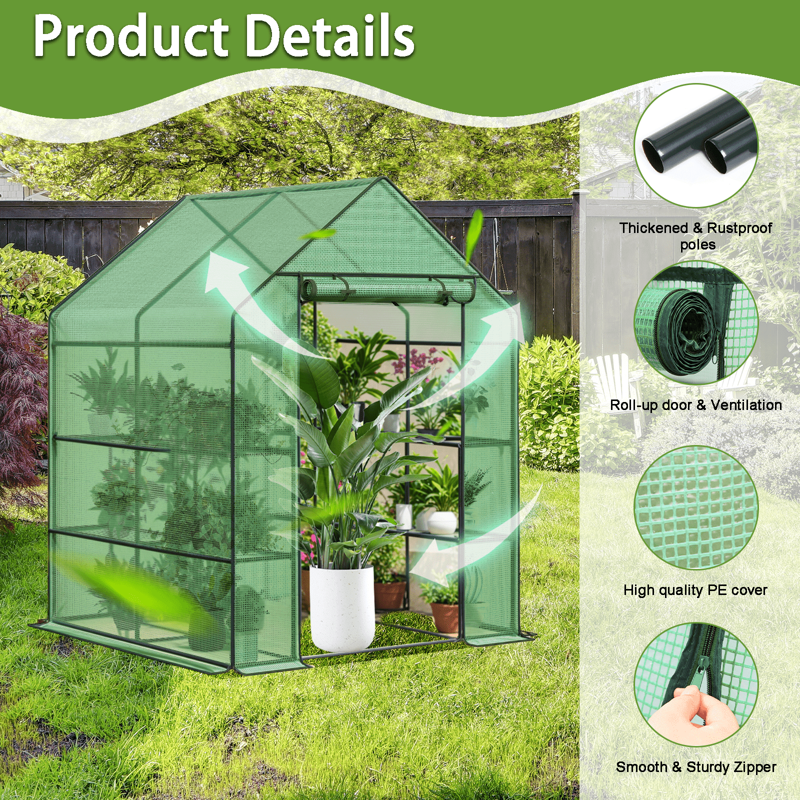 Grezone Small Greenhouse with Anchors and Ropes, 3 Tier 4 Wired Shelves Indoor and Outdoor Greenhouse for Garden/Patio/Backyard/Balcony, Green PE Cover Easy to Assemble