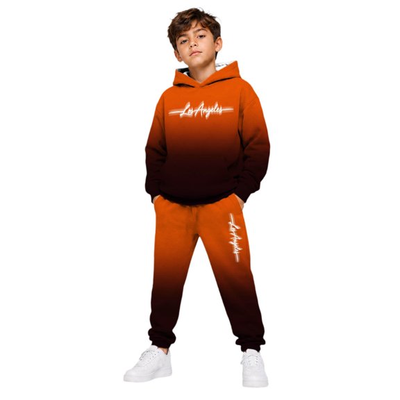 RUTAYY Boys 2 Piece Set City Graphic Long Sleeve Pullover Hoodie Jogger Pants Cozy Hooded Tracksuit Casual Everyday Wear, Orange