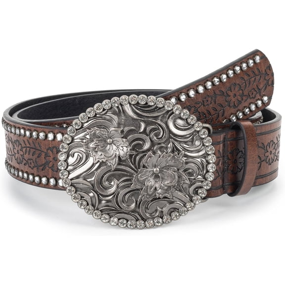 Rhinestone Western Cowboy Belts for Women, PU-Leather Brown Floral Embossed Vintage Carved Cowgirl Belt 33-37" for Jeans