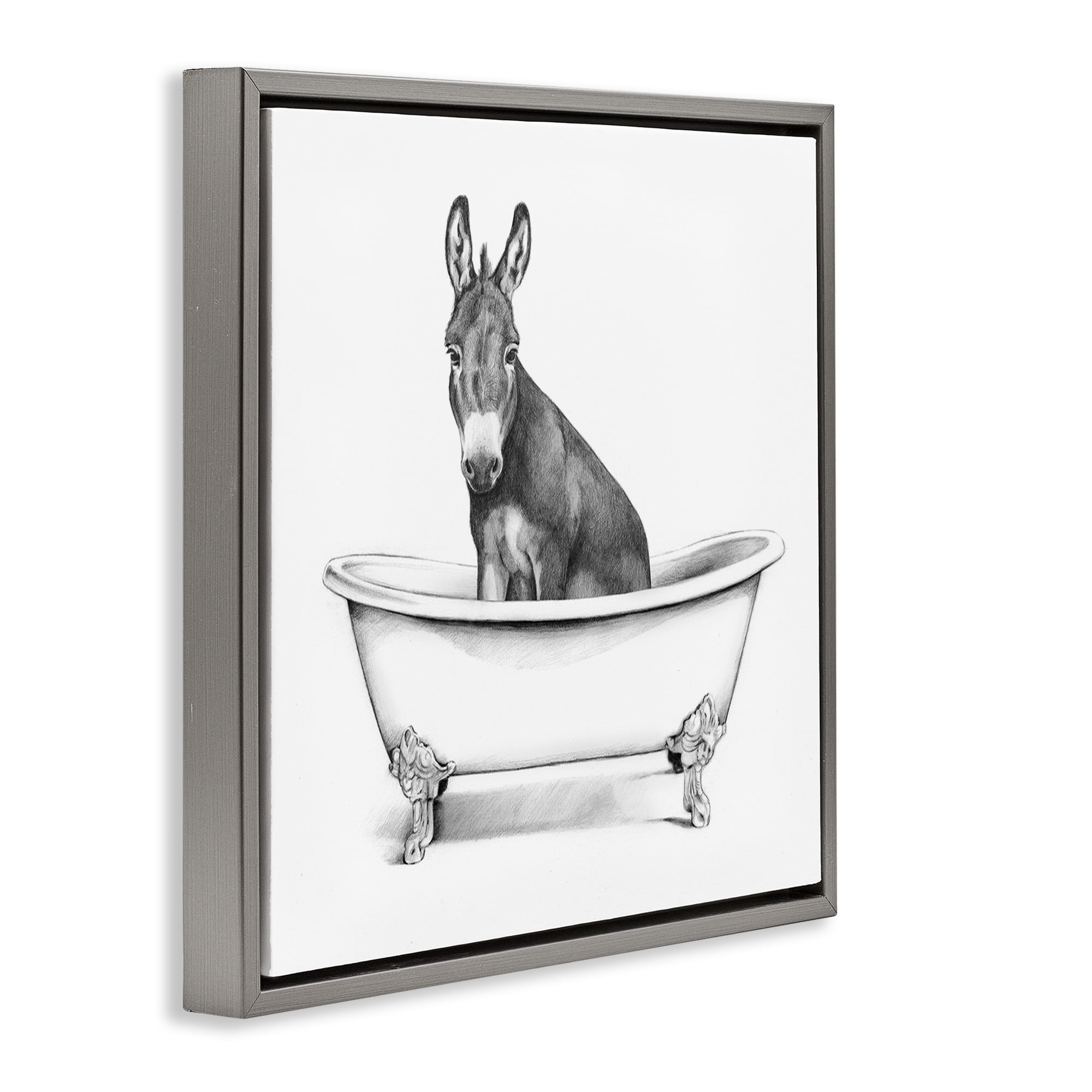 Stupell Industries Donkey in Bathtub Sketch Animals & Insects Drawing Gray Floater Framed Canvas Art Print Wall Art, 18 x 18