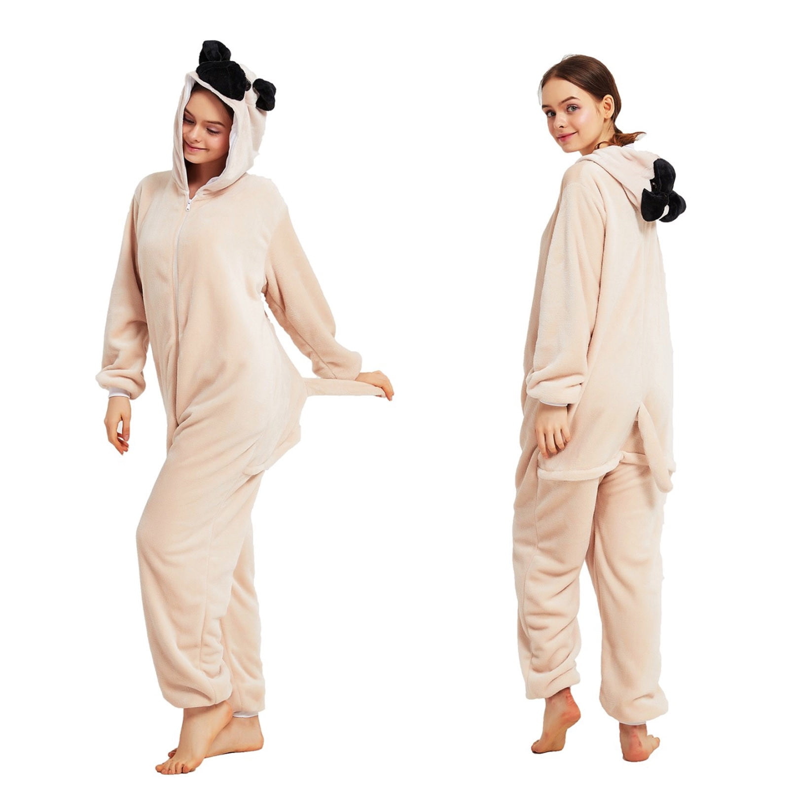 Fjofpr Pajamas Jumpsuits for Women Plus Size Fleece Fluffy Sleepwear Zip up Hooded Plush Rompers Cute Dog One Piece Pajamas Hooded Long-sleeved Pajamas Home Clothing Pajamas Beige L