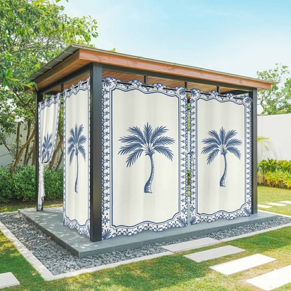 Palm Tree Outdoor Curtains for Patio, Coastal Tropical Blue Palm Tree Blue Border Waterproof Outside Curtains Privacy Blackout Curtain for Porch Pergola Cabana, 1 Panel 54W x 84L Inch