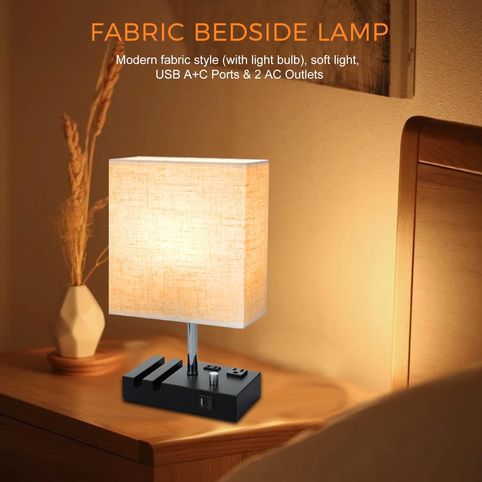 Neoglint Fabric Bedside Table Lamp Nightstand Lamp Touch Control Wireless Charger USB A Type-C Charging Ports with Phone Holder for Living Room