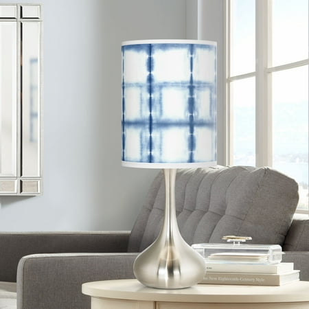 Misting Lamp - Giclee Glow Modern Accent Table Lamp Brushed Steel Droplet Blue Mist Print Cylinder Shade for Living Room Family Bedroom Bedside