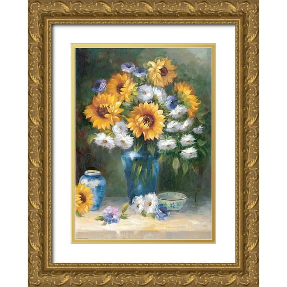 Monica Nero 24x32 Gold Ornate Wood Framed with Double Matting Museum Art Print Titled - Sunflowers in Vase II